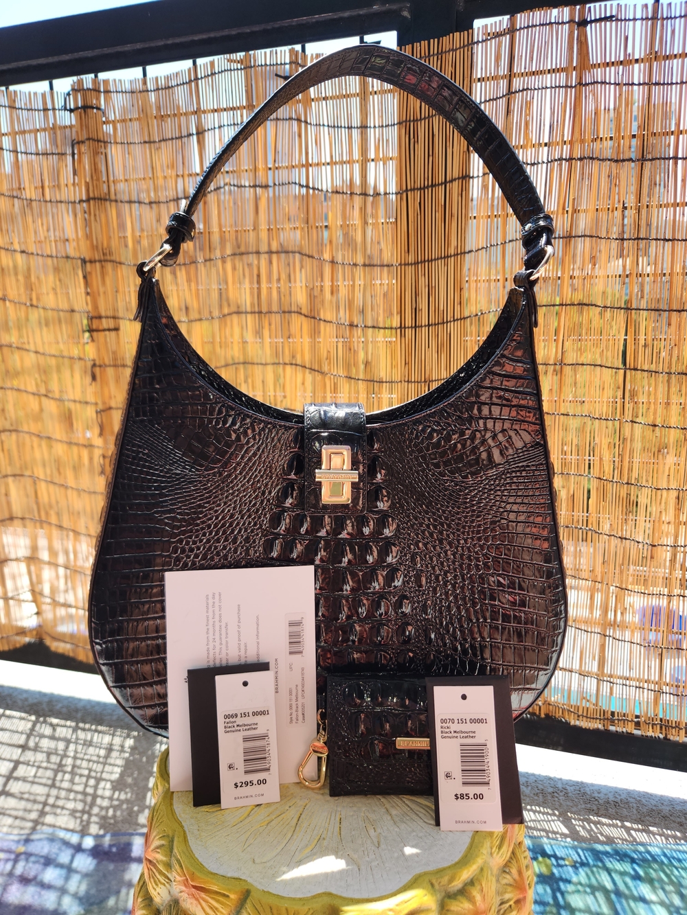 Brahmin Dark Brown Croc-Embossed Shoulder Bag with Gold Hardware